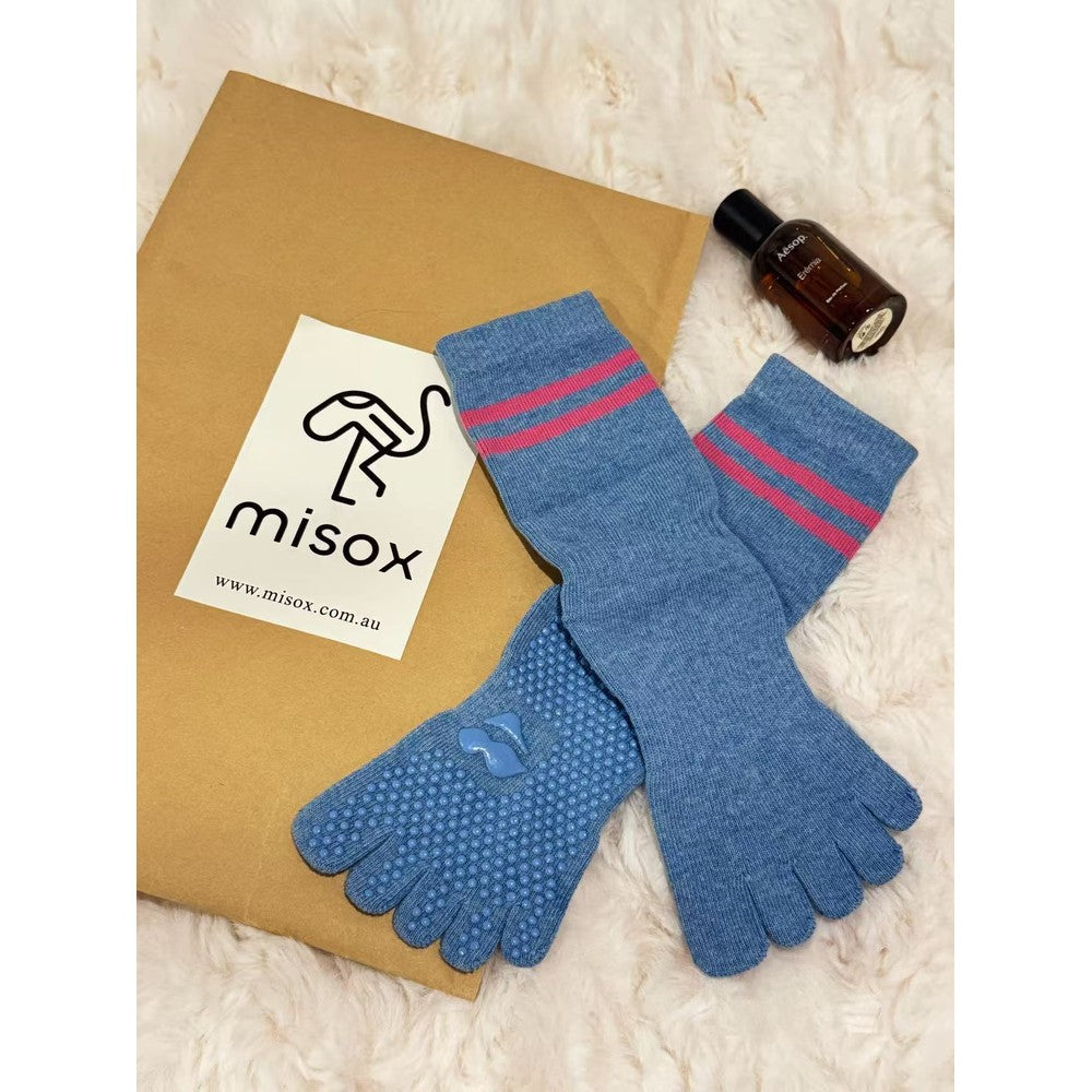 MISOX Studio | Blue & Pink Stripe Five-Toe Non-Slip Crew Socks