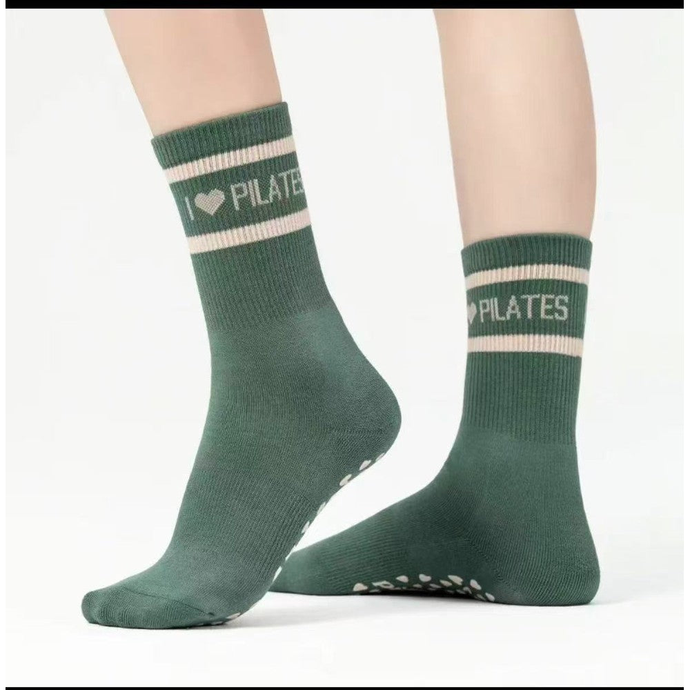 MISOX Studio | "I ♥ Pilates" Non-Slip Crew Socks — Forest Green