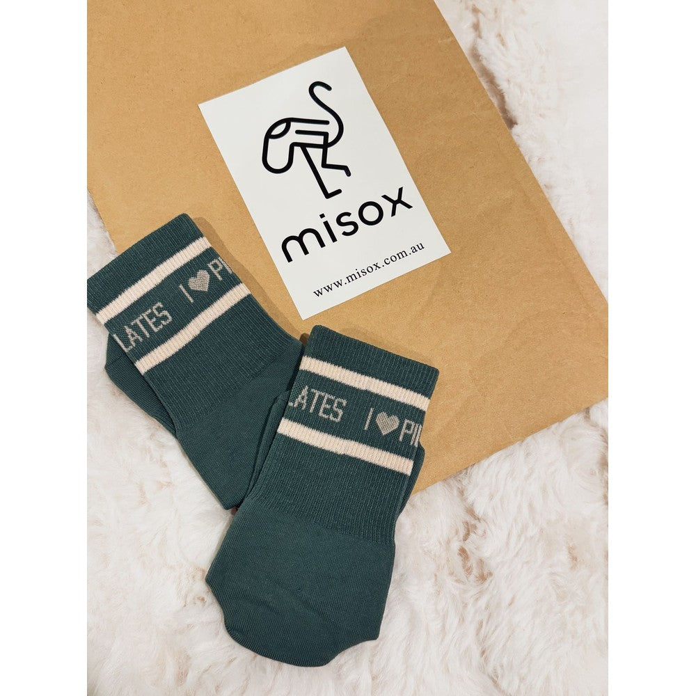 MISOX Studio | "I ♥ Pilates" Non-Slip Crew Socks — Forest Green