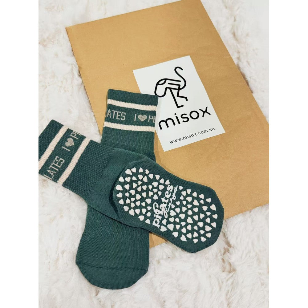 MISOX Studio | "I ♥ Pilates" Non-Slip Crew Socks — Forest Green