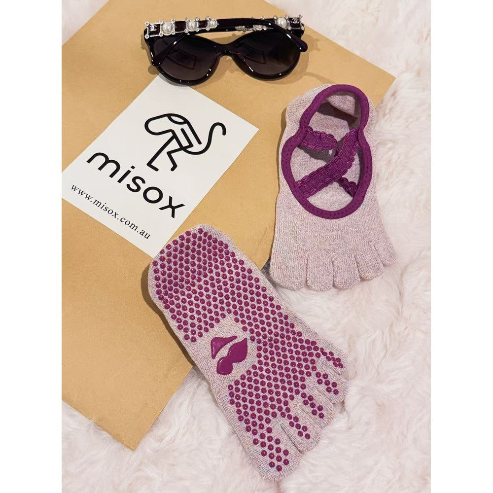 MISOX Studio | Pink Shimmer Ankle-Strap Five-Toe Non-Slip Pilates Socks