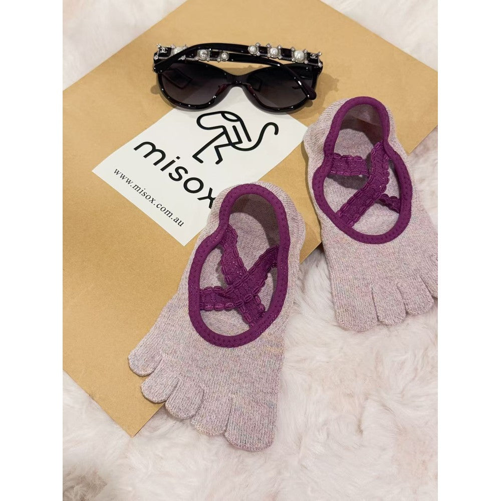 MISOX Studio | Pink Shimmer Ankle-Strap Five-Toe Non-Slip Pilates Socks