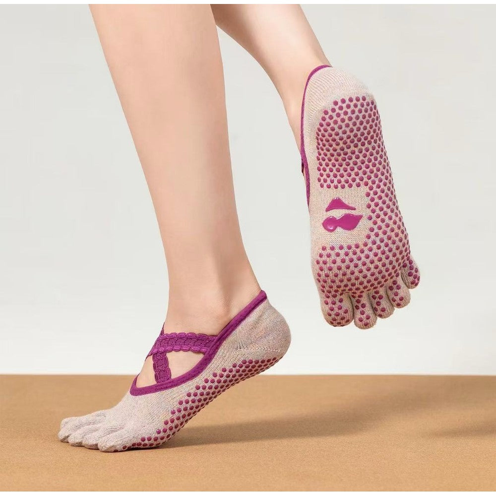MISOX Studio | Pink Shimmer Ankle-Strap Five-Toe Non-Slip Pilates Socks