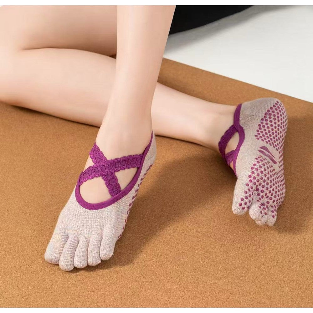 MISOX Studio | Pink Shimmer Ankle-Strap Five-Toe Non-Slip Pilates Socks